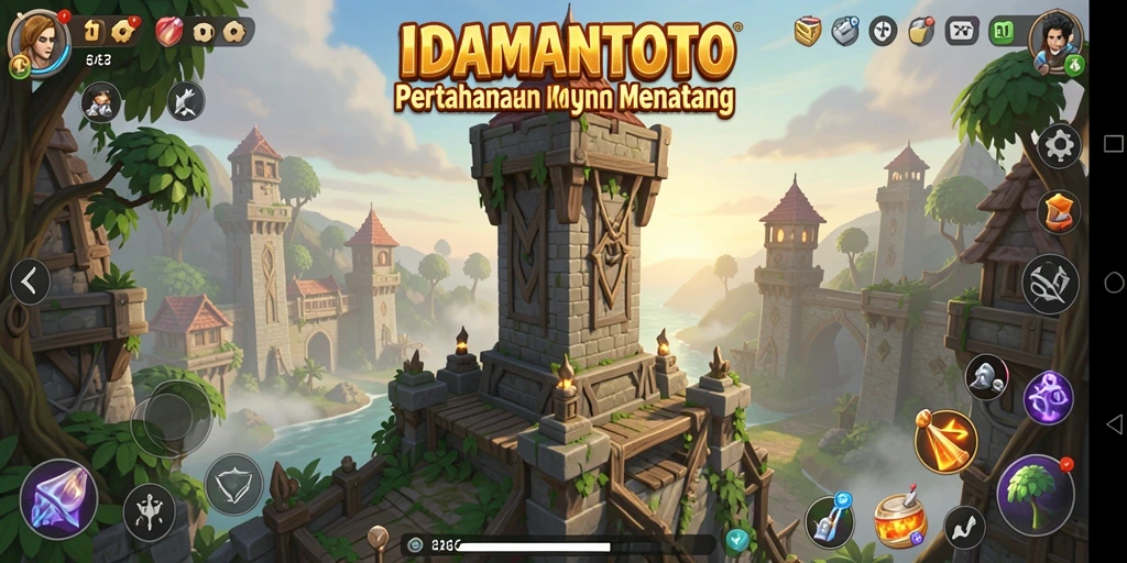 Screenshot gameplay <strong>IDAMANTOTO</strong> yang menunjukkan pertarungan strategis menara.