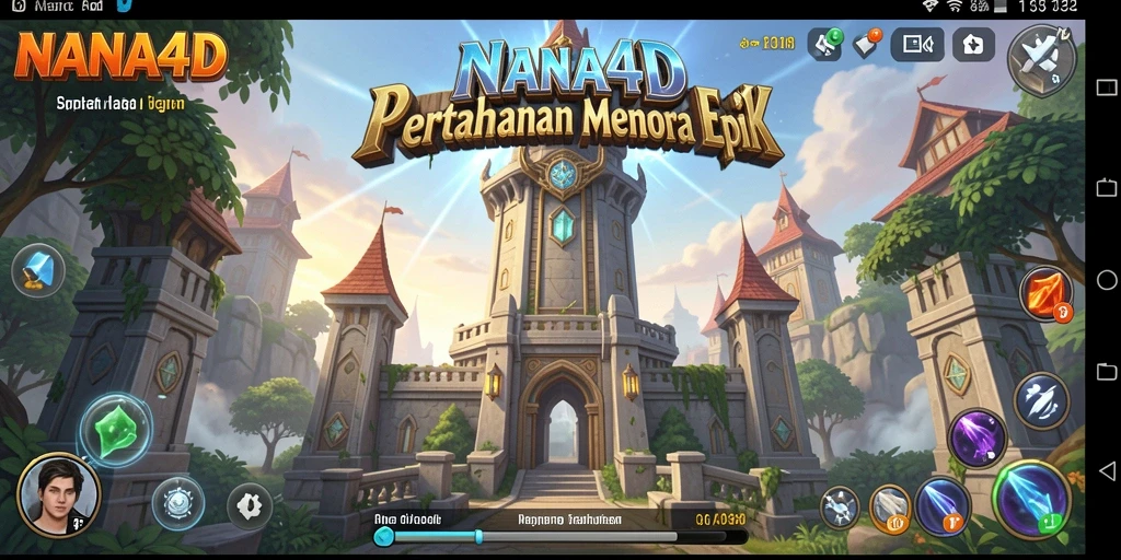Tampilan gameplay NANA4D menampilkan pertempuran Tower Defense yang intens.