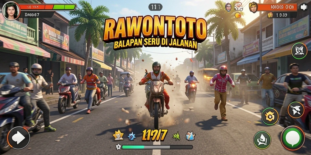 Tampilan gameplay seru di RAWONTOTO dengan mobil balap yang memukau.