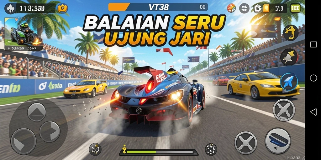 Tampilan gameplay balapan seru di VT38 dengan mobil kencang.